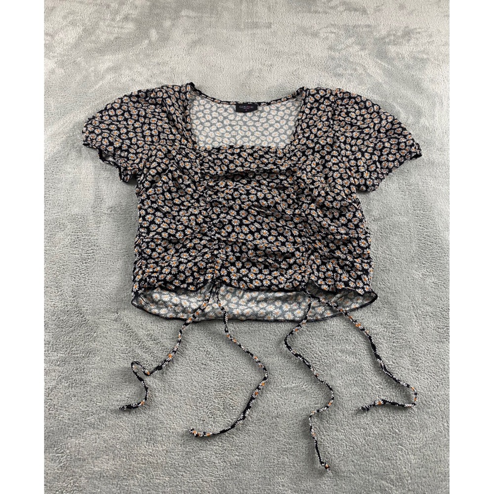 Gemstone Womens Black Daisy Floral Ruched Front Square Neck Crop Top Medium M